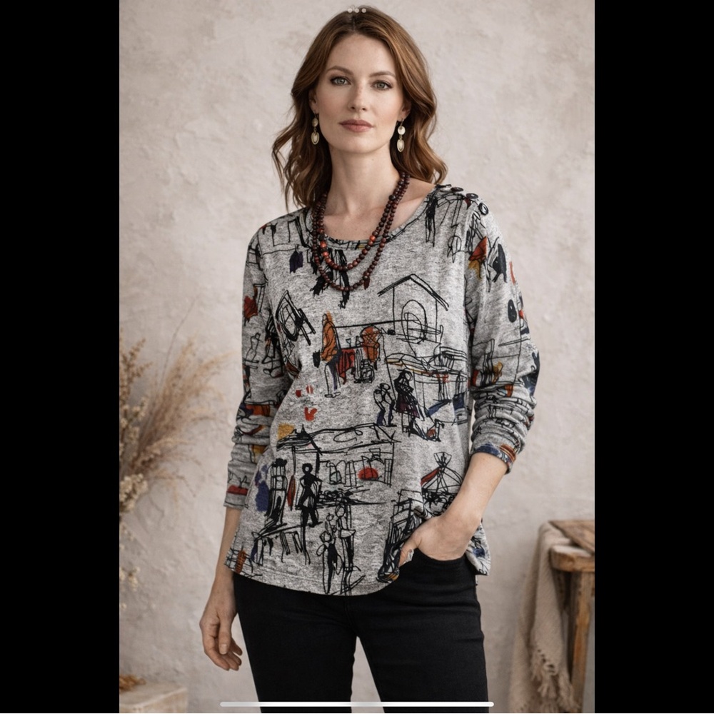 Wearable Art Top Abstract Sketch Print Dé Via Collection Medium Boutique